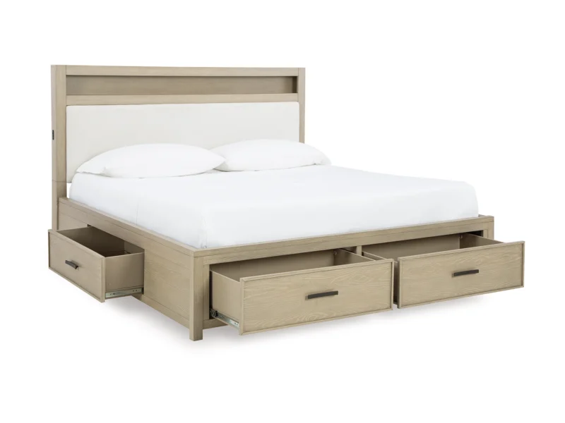 Calmoro Queen Upholstered Bookcase Bed with 4 Storage Drawers - Image 4